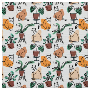 Line art drawing cats and flowers fabric
