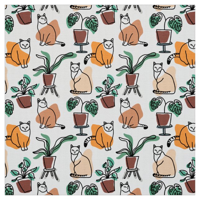 Line art drawing cats and flowers fabric (Swatch)