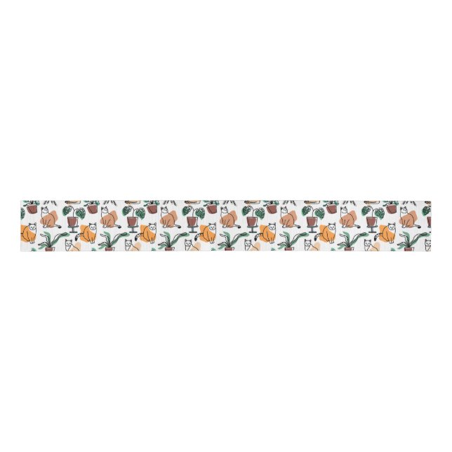 Line art drawing cats and flowers grosgrain ribbon (Front)