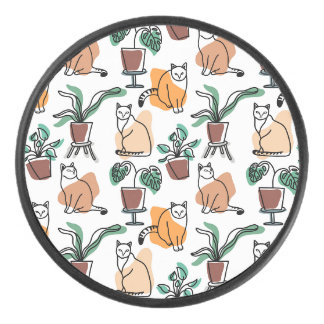 Line art drawing cats and flowers hockey puck