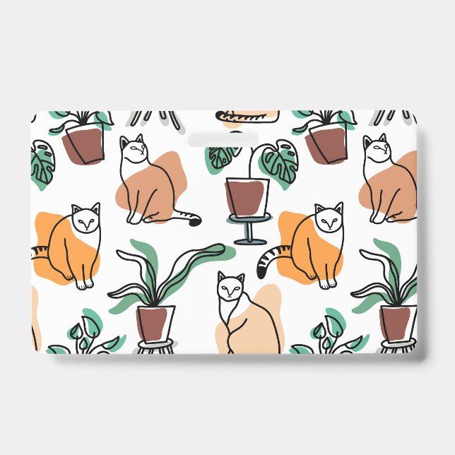 Line art drawing cats and flowers ID badge (Front)
