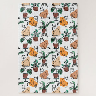Line art drawing cats and flowers jigsaw puzzle