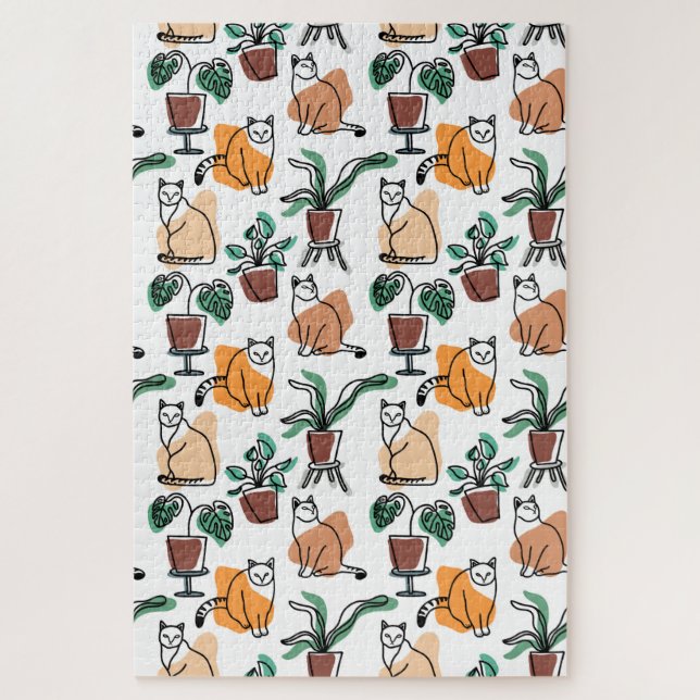 Line art drawing cats and flowers jigsaw puzzle (Vertical)