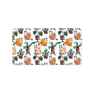 Line art drawing cats and flowers label