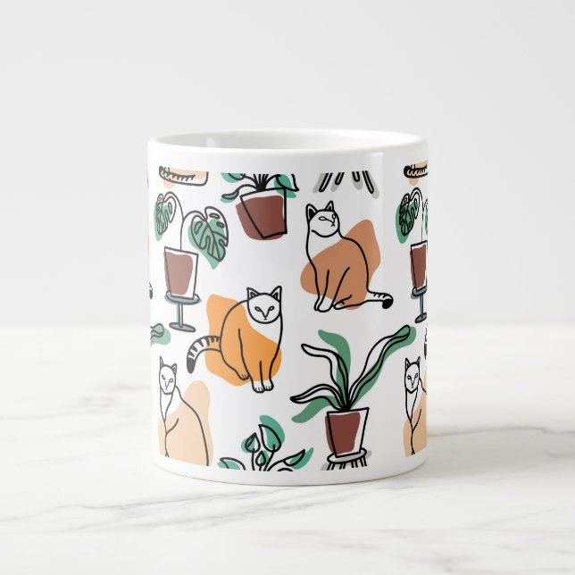 Line art drawing cats and flowers large coffee mug (Front)