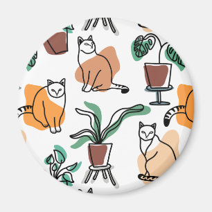 Line art drawing cats and flowers magnet