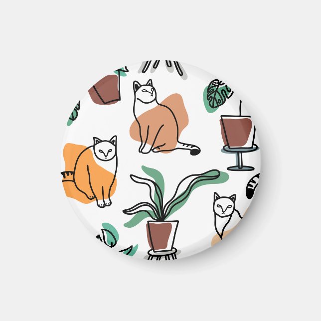 Line art drawing cats and flowers magnet (Front)