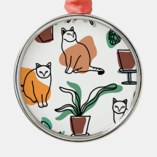 Line art drawing cats and flowers metal ornament