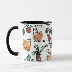 Line art drawing cats and flowers mug
