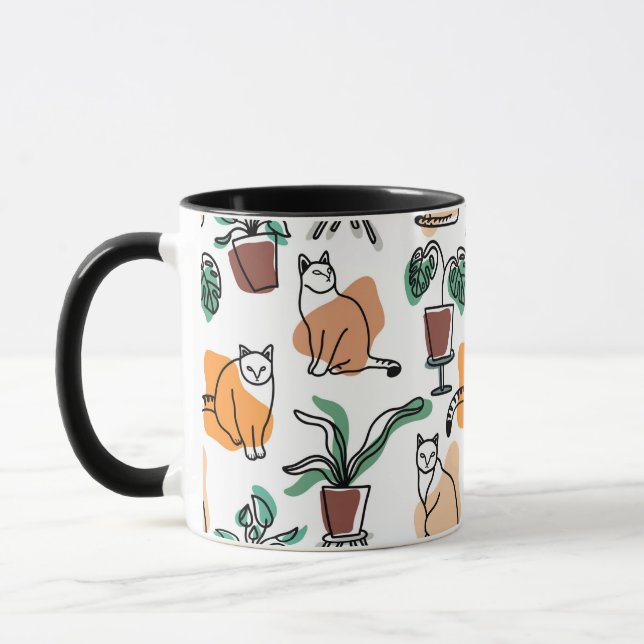 Line art drawing cats and flowers mug (Left)