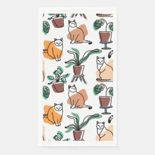 Line art drawing cats and flowers napkin