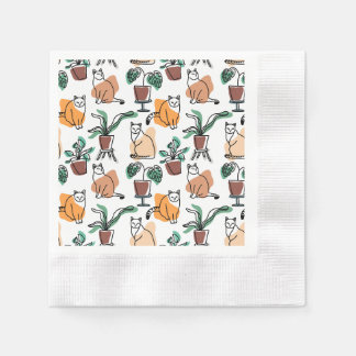 Line art drawing cats and flowers napkin