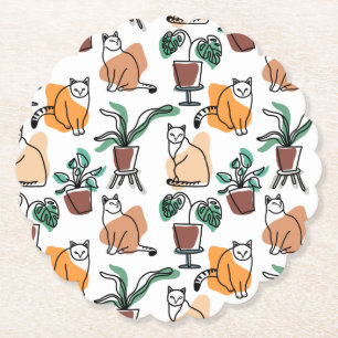 Line art drawing cats and flowers paper coaster