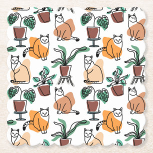 Line art drawing cats and flowers paper coaster