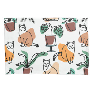 Line art drawing cats and flowers pillowcase