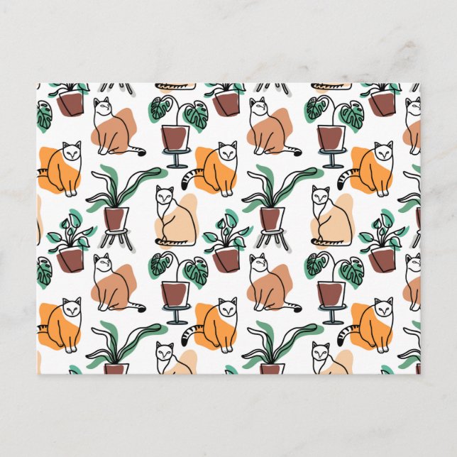 Line art drawing cats and flowers postcard (Front)