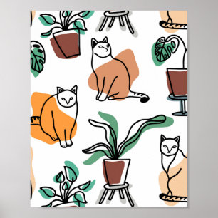Line art drawing cats and flowers poster