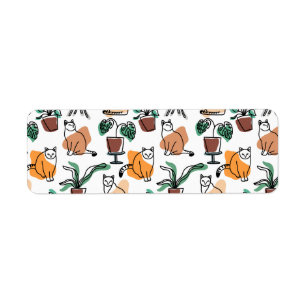Line art drawing cats and flowers return address label