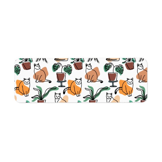 Line art drawing cats and flowers return address label (Front)