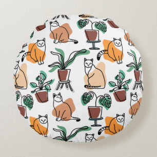 Line art drawing cats and flowers round cushion