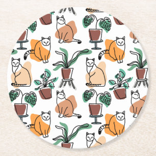 Line art drawing cats and flowers round paper coaster