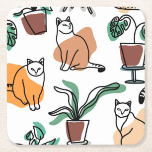 Line art drawing cats and flowers square paper coaster