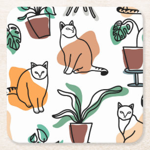 Line art drawing cats and flowers square paper coaster