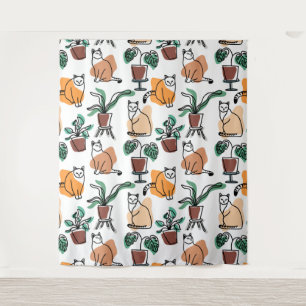 Line art drawing cats and flowers tapestry