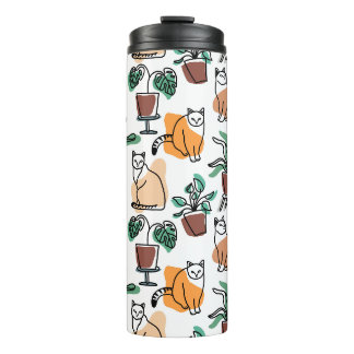 Line art drawing cats and flowers thermal tumbler