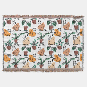 Line art drawing cats and flowers throw blanket