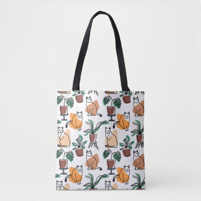 Line art drawing cats and flowers tote bag (Front)