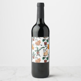 Line art drawing cats and flowers wine label