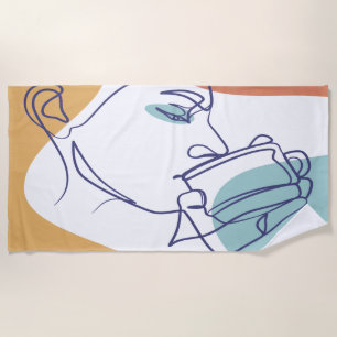 line art drawing poster of woman drinking coffee beach towel