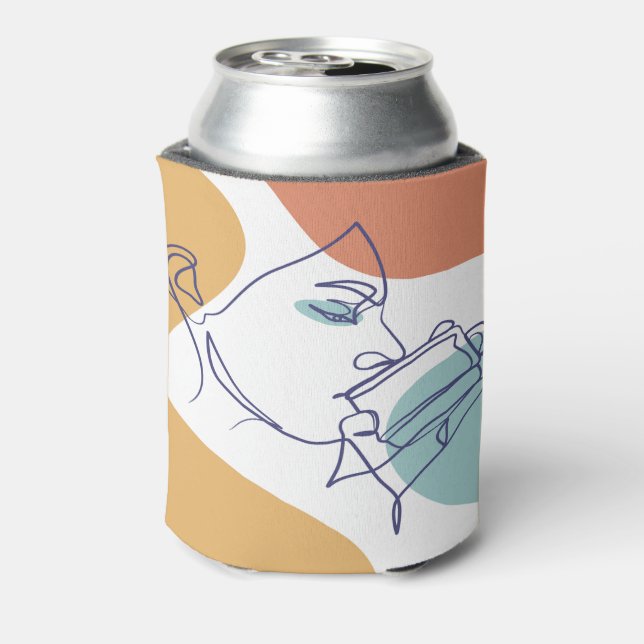 line art drawing poster of woman drinking coffee   can cooler (Can Back)