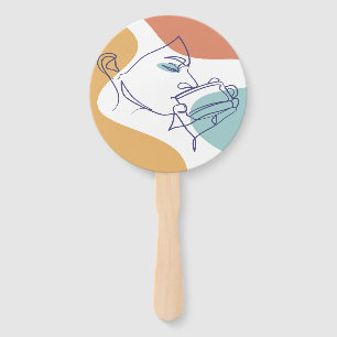 line art drawing poster of woman drinking coffee  hand fan