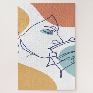 line art drawing poster of woman drinking coffee jigsaw puzzle