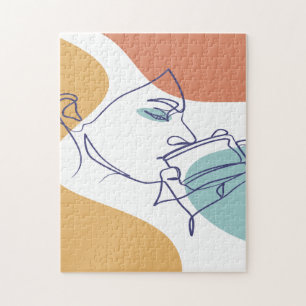 line art drawing poster of woman drinking coffee jigsaw puzzle