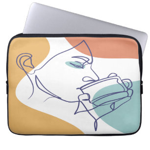 line art drawing poster of woman drinking coffee  laptop sleeve