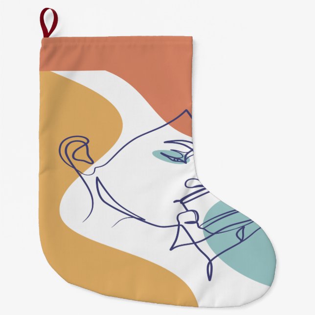 line art drawing poster of woman drinking coffee   large christmas stocking (Front)