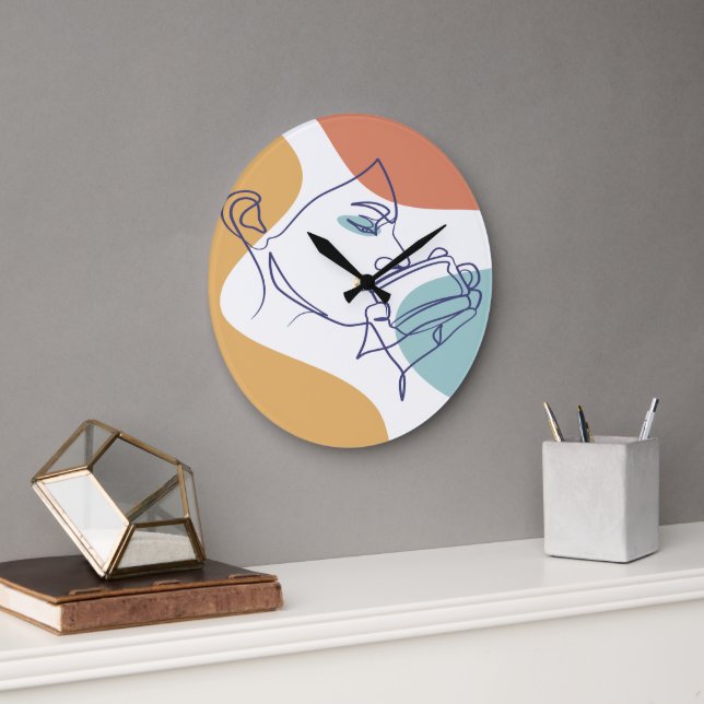 line art drawing poster of woman drinking coffee   large clock (Office)