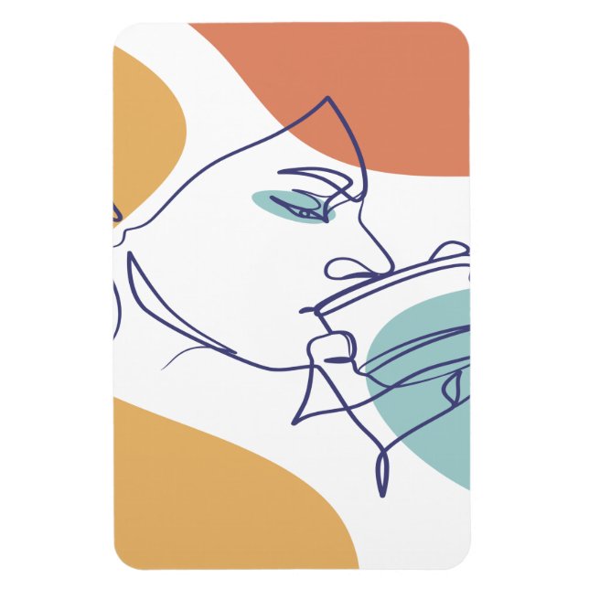line art drawing poster of woman drinking coffee   magnet (Vertical)
