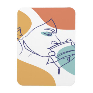 line art drawing poster of woman drinking coffee  magnet
