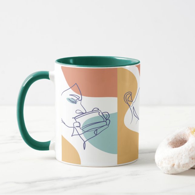 line art drawing poster of woman drinking coffee   mug (With Donut)