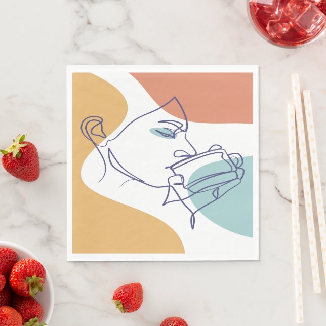 line art drawing poster of woman drinking coffee   napkin (Insitu)