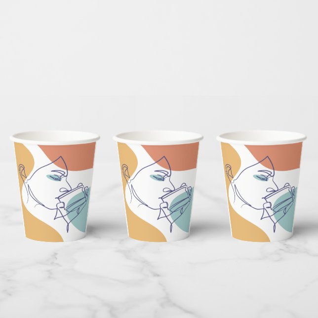 line art drawing poster of woman drinking coffee   paper cups (Multi)