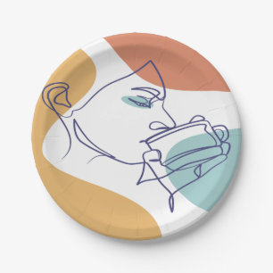 line art drawing poster of woman drinking coffee paper plate