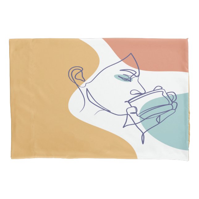 line art drawing poster of woman drinking coffee   pillowcase (Front)