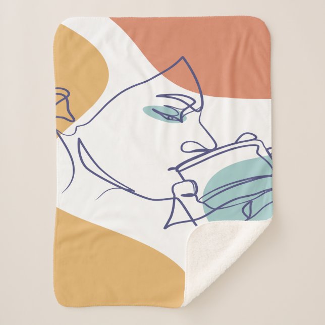 line art drawing poster of woman drinking coffee   sherpa blanket (Front)