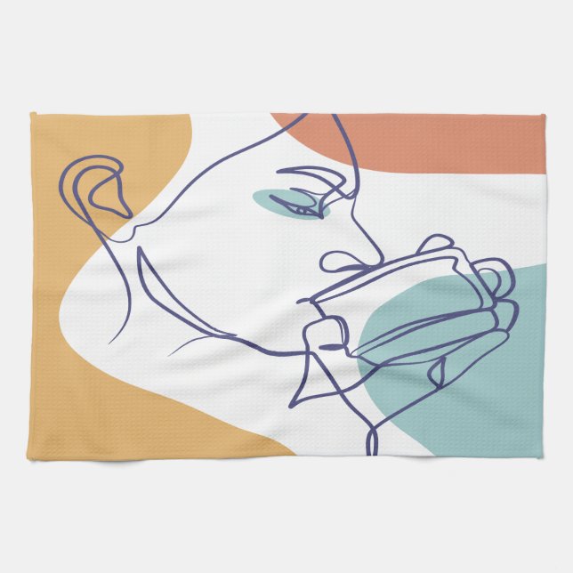 line art drawing poster of woman drinking coffee   tea towel (Horizontal)