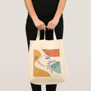 line art drawing poster of woman drinking coffee  tote bag